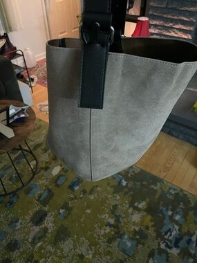 Suede-Look Tote Bag with Black Strap - Taupe